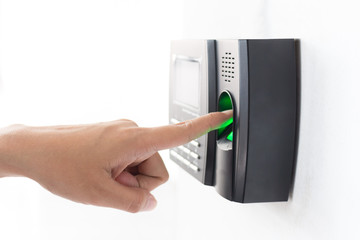 employee scanning fingerprint to record working time