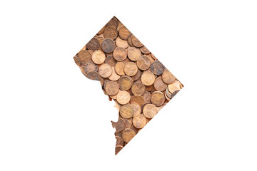 District of Columbia, Washington D.C. State Map and Money Concept, Piles of Coins, Pennies