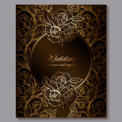 Exquisite chocolate royal luxury wedding invitation, gold floral background with frame and place for text, lacy foliage made of roses or peonies with golden shiny gradient.