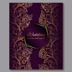 Exquisite royal purple luxury wedding invitation, gold floral background with frame and place for text, lacy foliage made of roses or peonies with golden shiny gradient.