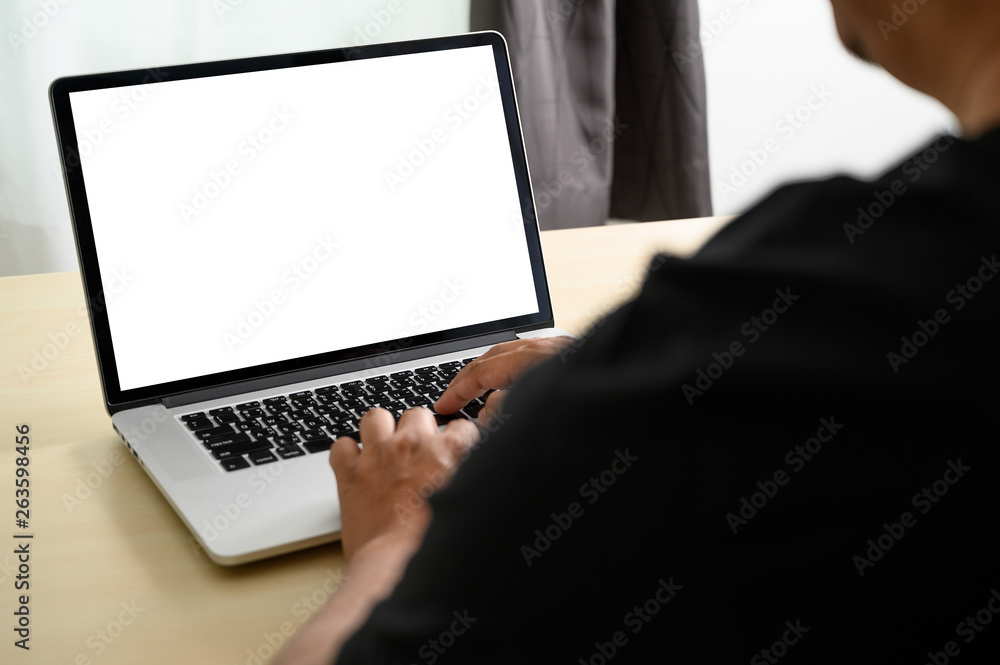 Poster man working on his laptop with blank copy space laptop with blank screen mock up blank screen comput