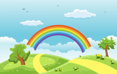 Summer Spring Green Valley Rainbow Outdoor Landscape Illustration