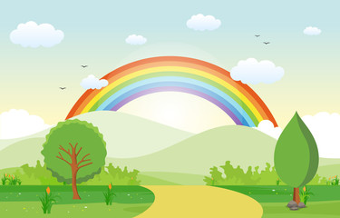Obraz na płótnie Canvas Summer Spring Green Valley Rainbow Outdoor Landscape Illustration