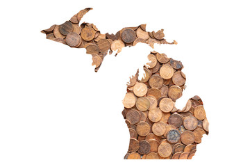 Michigan State Map and Money Concept, Piles of Coins, Pennies