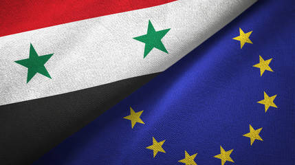 Syria and European Union two flags textile cloth, fabric texture