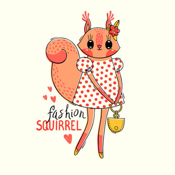 Fashion kawaii animal. Vector illustration of a squirrel in fashionable clothes. Can be used for t-shirt print, kids wear design, baby shower card
