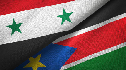 Syria and South Sudan two flags textile cloth, fabric texture