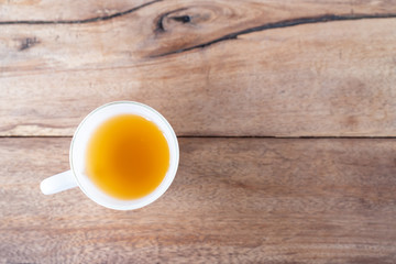 Hot tea in a cup on wooden table background  with copy space