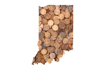 Indiana State Map and Money Concept, Piles of Coins, Pennies