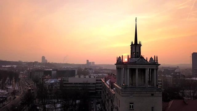 Drone shot of cathedral at sunset in Vilnius, Lithuania