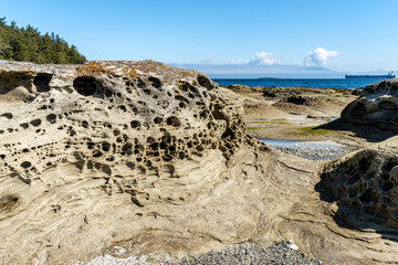sand stone filled with holes on the coast under the blue sky in the coast on a sunny day
