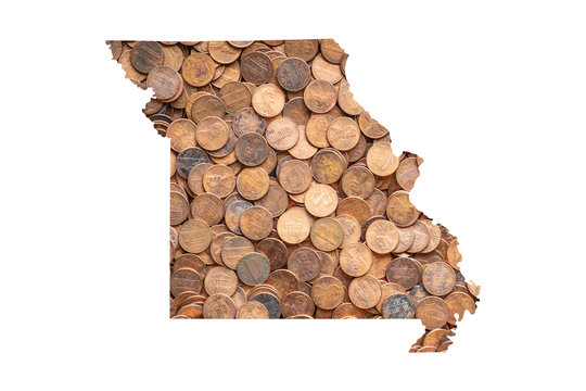 Missouri State Map and Money Concept, Piles of Coins, Pennies