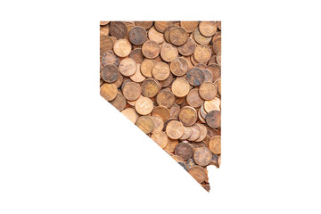 Nevada State Map and Money Concept, Piles of Coins, Pennies