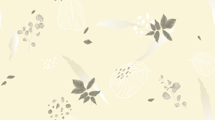 Fototapeta premium Seamless pattern, leaves and hand drawn graphics on light brown background, soft nude and brown tones