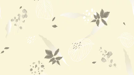 Poster Seamless pattern, leaves and hand drawn graphics on light brown background, soft nude and brown tones © momosama