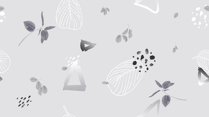 Seamless pattern, leaves and hand drawn graphics on light grey background, soft grey tones