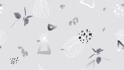 Muurstickers Seamless pattern, leaves and hand drawn graphics on light grey background, soft grey tones © momosama
