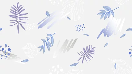 Poster Seamless pattern, leaves and hand drawn graphics on light grey background, soft purple and blue tones © momosama