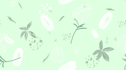 Seamless pattern, leaves and hand drawn graphics on light green background, soft green tones