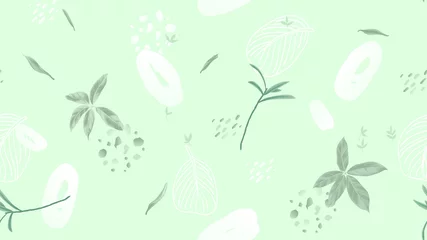 Poster Seamless pattern, leaves and hand drawn graphics on light green background, soft green tones © momosama