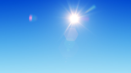 Sunny day 3D illustration. Sun shines in the clear blue sky with lens flares in the day. Bright natural background.