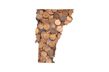 Vermont State Map and Money Concept, Piles of Coins, Pennies