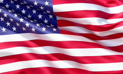 Realistic silk material United States of America waving flag, high quality detailed fabric texture. 3d illustration