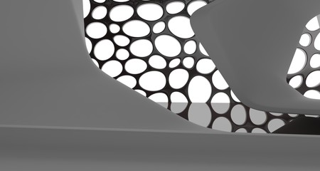 Abstract dynamic interior with black smooth objects. 3D illustration and rendering