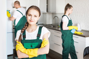 Cleaning service with professional equipment during work. professional kitchenette cleaning, sofa...