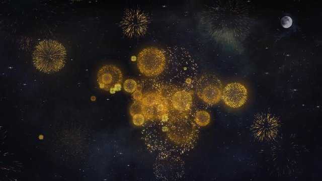 2019 Happy New Year Text Typography Reveal From Golden Firework Crackers Particles Night Sky 4k Background. Greeting card, Celebration, Party, Invitation, Gift, Event, Message, Holiday, Wish, Festival