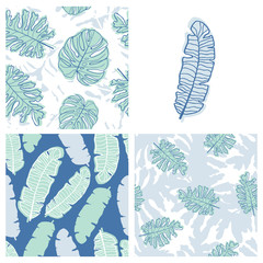 Fototapeta na wymiar Beautiful tropical leaves and flowers summer pattern design set