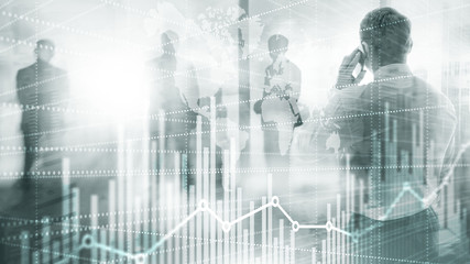 Universal Abstract background. Silhouettes of Business People. Economic growth graph chart. Double exposure mixed media.