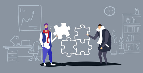 businessmen colleagues putting parts of puzzle together problem solution teamwork concept business people coworking modern office interior sketch doodle horizontal full length