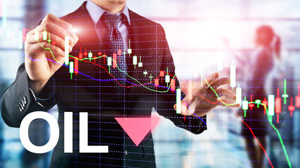 Oil trend down. Candle graph chart Oil barrels and a financial chart on abstract business...