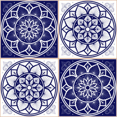 Delft dutch tile pattern vector seamless with square ornament. Portugal azulejos, mexican talavera, italian sicily majolica or spanish ceramic. Mosaic texture for bathroom floor or kitchen wall.