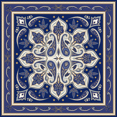Indian paisley pattern vector. Silk scarf medallion fabric print. Floral mandala and vintage flower ethnic ornament. Persian design for woman shawls, batik, rug, pillow, bandana, carpet texture.