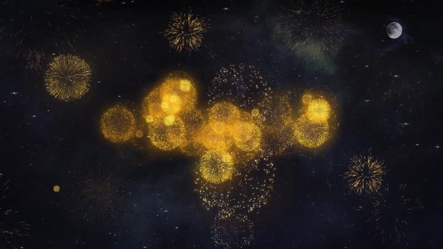 August Text Typography Reveal From Golden Firework Crackers Particles Night Sky 4k Background. Greeting card, Celebration, Party, Invitation, Gift, Event, Message, Holiday, Wish Festival 