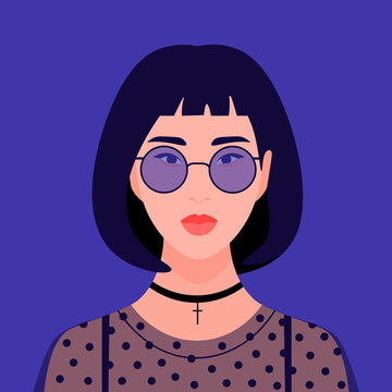 Portrait Of A Fashionable Girl. Young Asian Woman. Avatar Students. Vector Flat Illustration