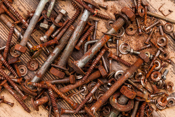 Old vintage hand tools on wooden background