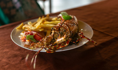 Large lobster with potatoes and salad on a plate