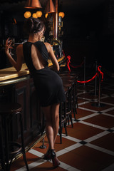 Stylish woman standing near bar counter