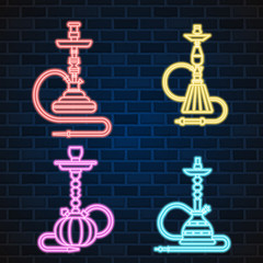 Glowing neon sign oriental culture smoke cloud arabian cafe hookah shisha turkish aroma night brick wall vector illustration