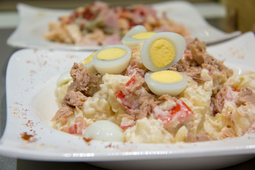 Fototapeta na wymiar tuna mixed salad in white bowl