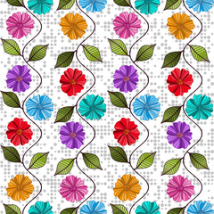 Seamless pattern with garlands of colorful flowers and leave