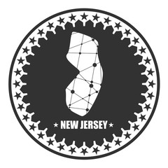 Image relative to USA travel. New Jersey state map textured by lines and dots pattern. Stamp in the shape of a circle