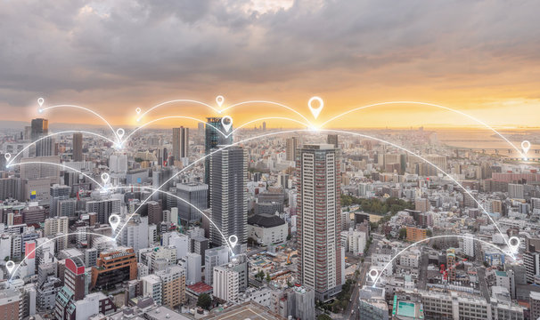 Network connection technology in the city. Map pin GPS navigation technology in the city at sunset