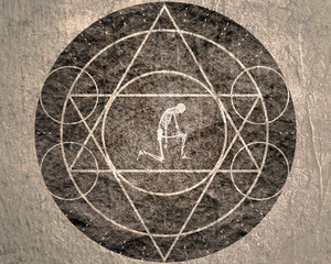 Mystery, witchcraft, occult and alchemy tattoo sign. Mystical vintage gothic geometry thin lines symbol with silhouette of a human skeleton