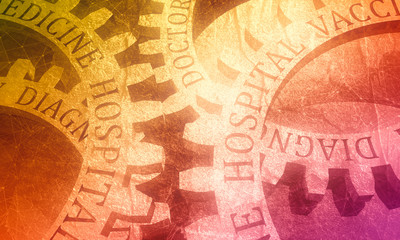 Fototapeta na wymiar Medicine relative words on the mechanism of gears. Communication concept of medicine. 3D rendering. Connected lines with dots background