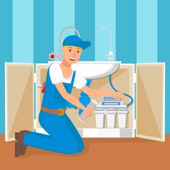 Plumber Installing Water Filter Flat Illustration