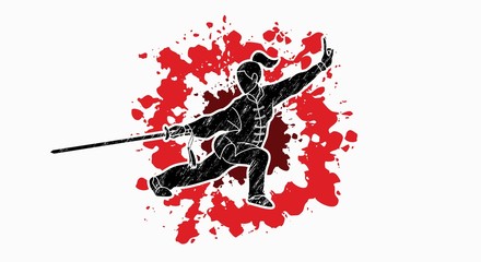 Woman with sword action, Kung Fu pose graphic vector.